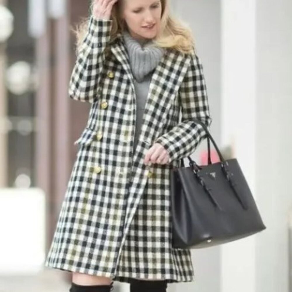 NWT J.Crew Double Breasted Coat in Cypress Black Ivory Oxford Check Plaid 2